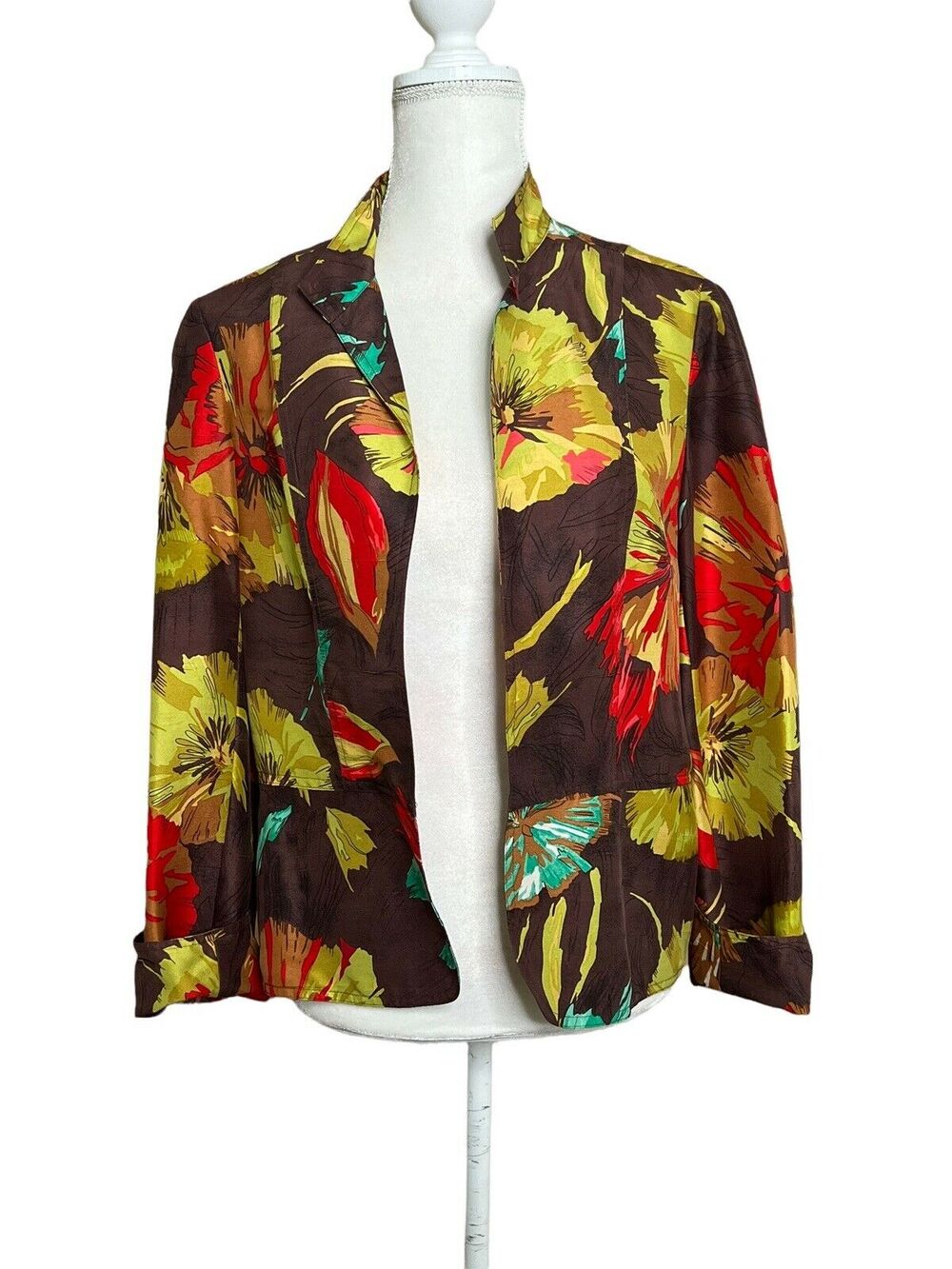 Coldwater Creek Women silk Floral Print Artsy Jacket Blazer collared Sz M